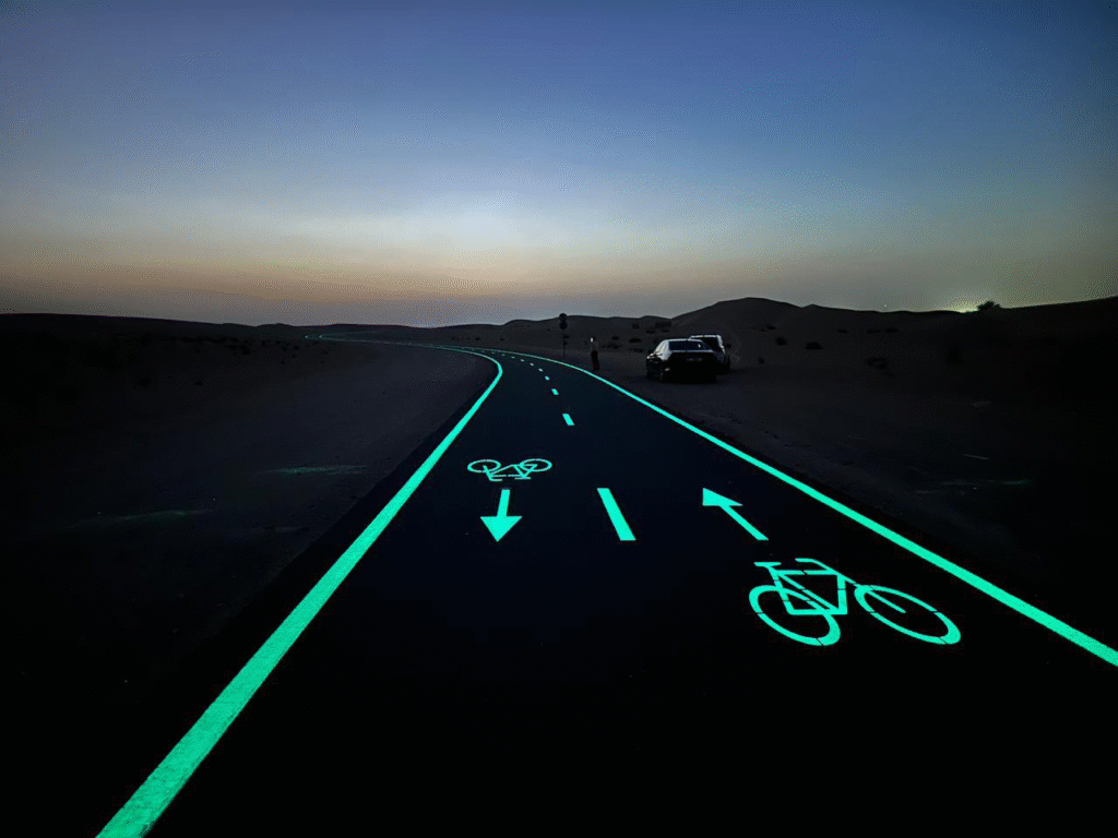 Ciclovía de noche con demarcación vial destacada por pintura fotoluminiscente