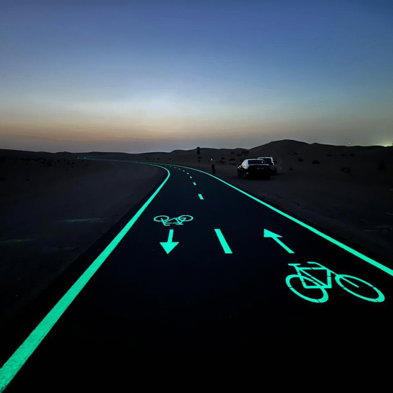 Ciclovía de noche con demarcación vial destacada por pintura fotoluminiscente